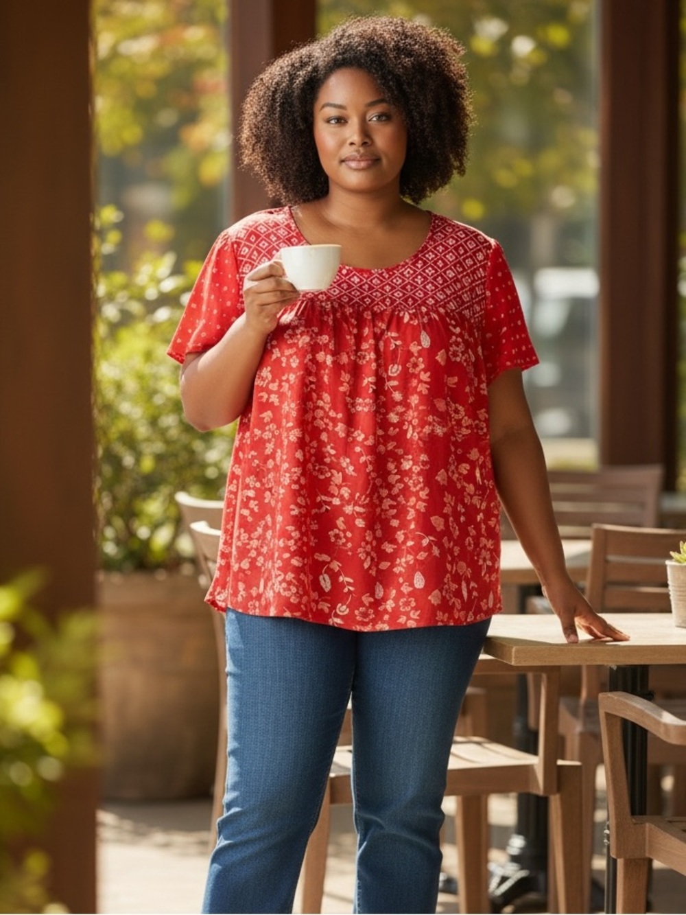 Dalia Red & White Floral Blouse Womens Plus SizeXXL Lightweight Short Sleeve Top